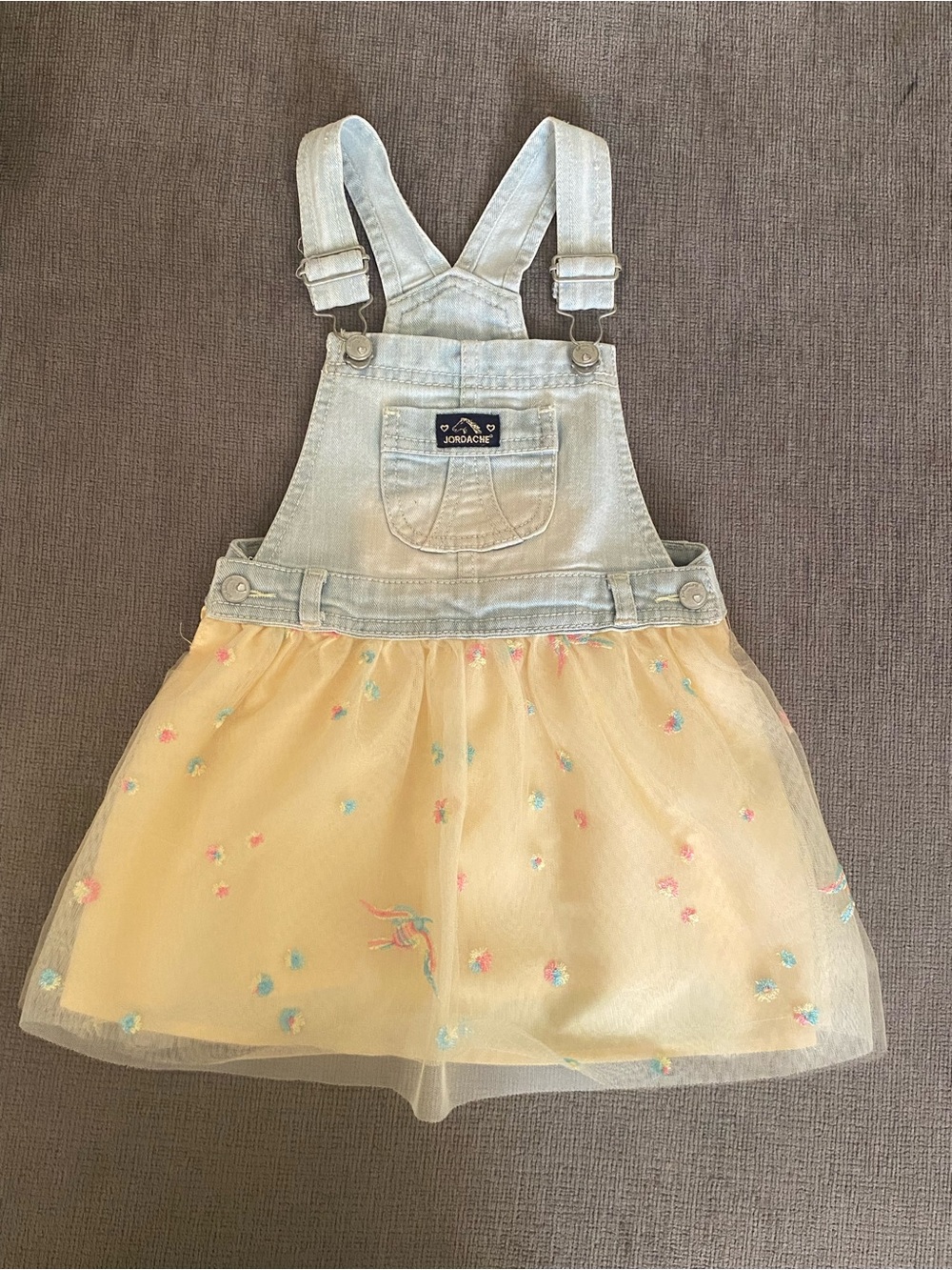 Jordache Light Wash Denim Bib Overall Dress with Yellow Tulle Skirt